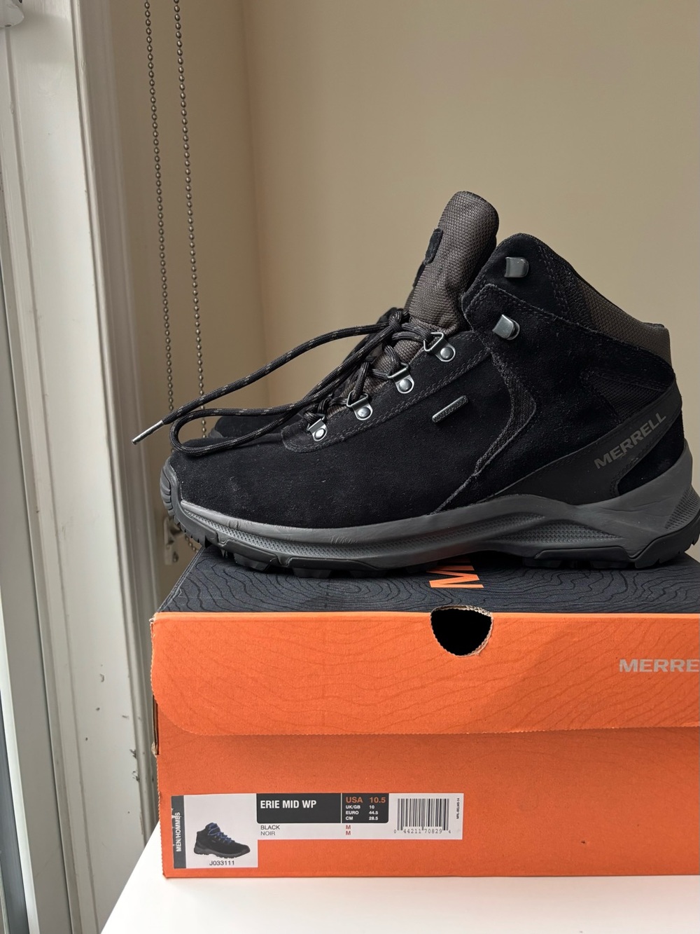 MERRELL Men’s Erie Mid Waterproof Boots, Black, size US 10.5 M